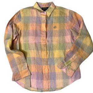 LAUREN RALPH LAUREN Shirt Womens Petit Medium Pastel Plaid Button Front Linen